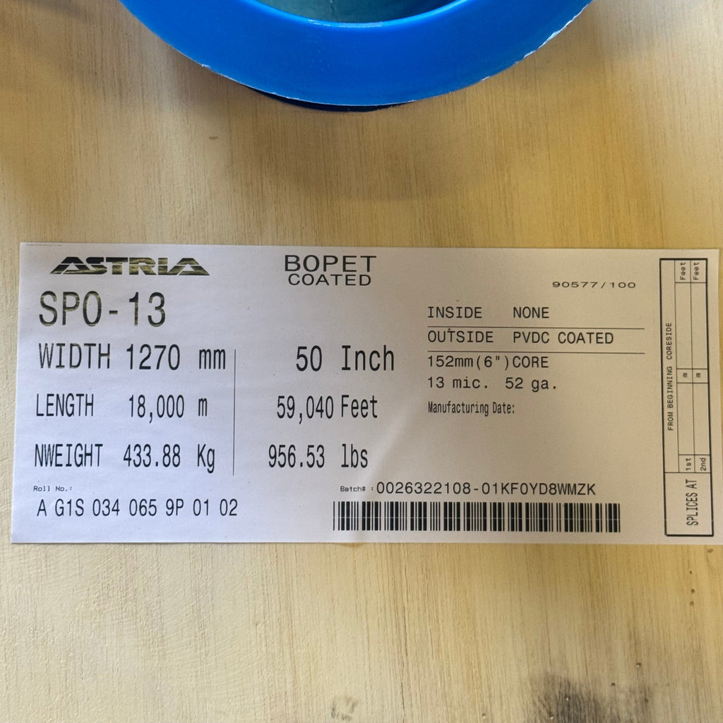 ASTRIA BOPET Coated Roll w/ PVDC Size: 50.5 in W x 59,040 ft L Clear SPO-13