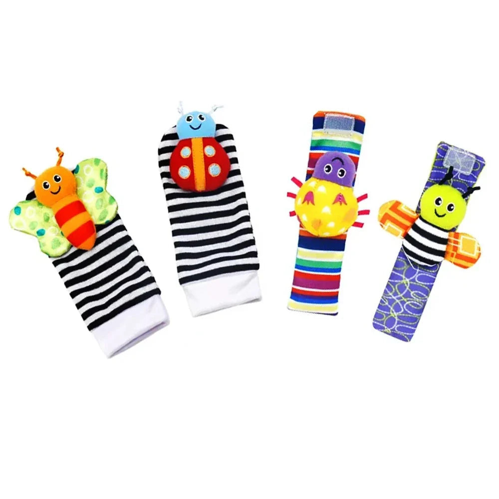 4 PCS Baby Rattle Toy Set Soft Animal Socks & Wrist Straps for Newborns 0–12 Months Educational Plush Toys