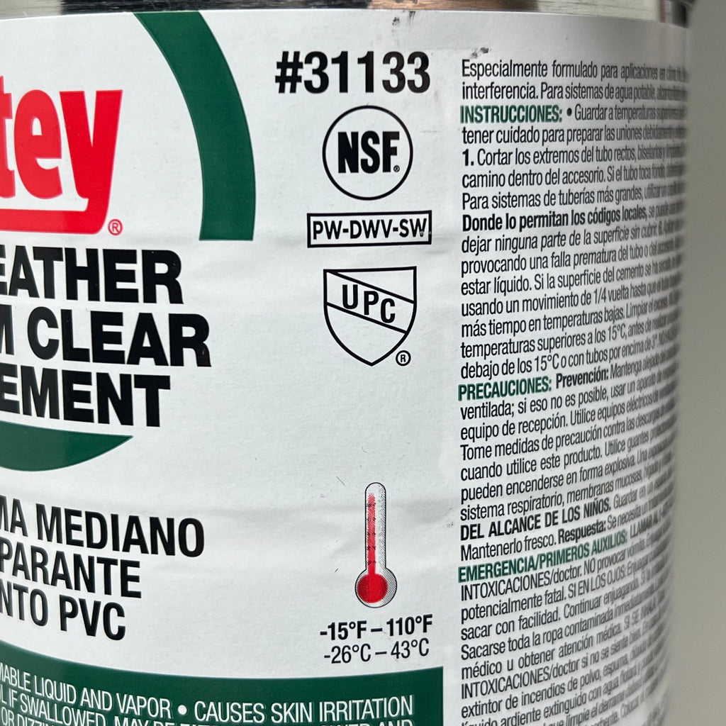 OATEY All Weather Medium Clear PVC Cement Solvent Weld up to 6" Dia 32 fl oz 31133