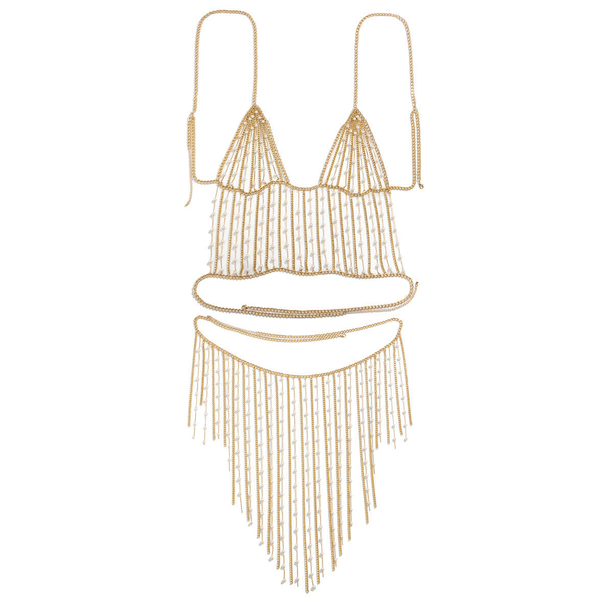 Fashionable electroplated metal aluminum chain geometric set clothing with simple tassel imitation pearl waist chain