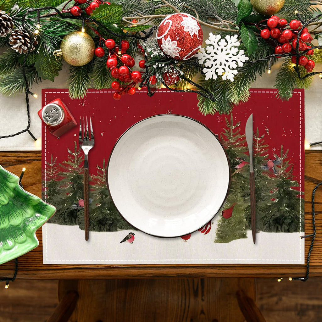 Christmas Snowman Linen Meal Mat Snowflake Grid Printed Table Mat Christmas Party Decoration Insulation Mat Holiday Decoration