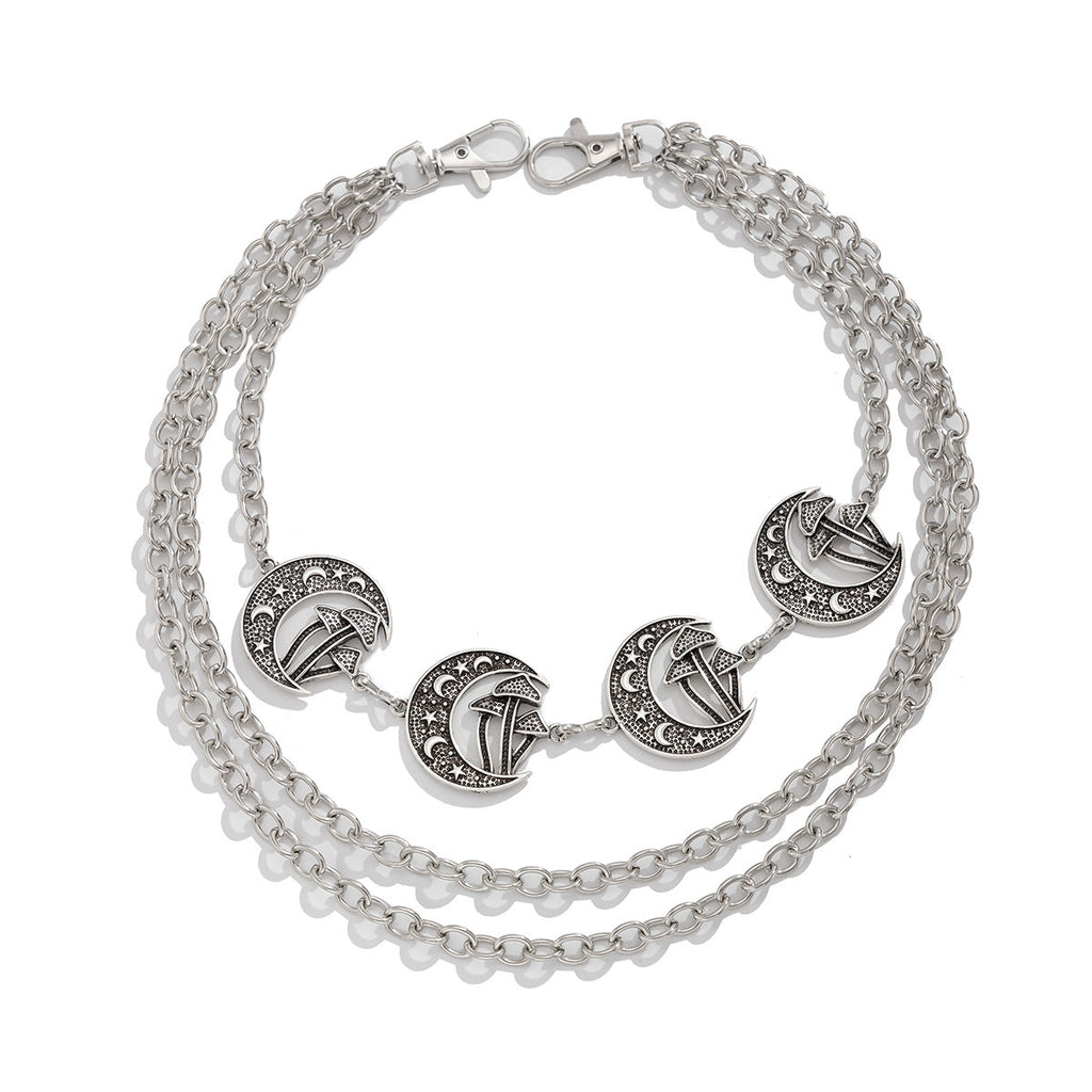 Punk style Moon Teeth Mushroom Cross Chain Pants Chain Street Fashion Multi layer Alloy Waist Chain