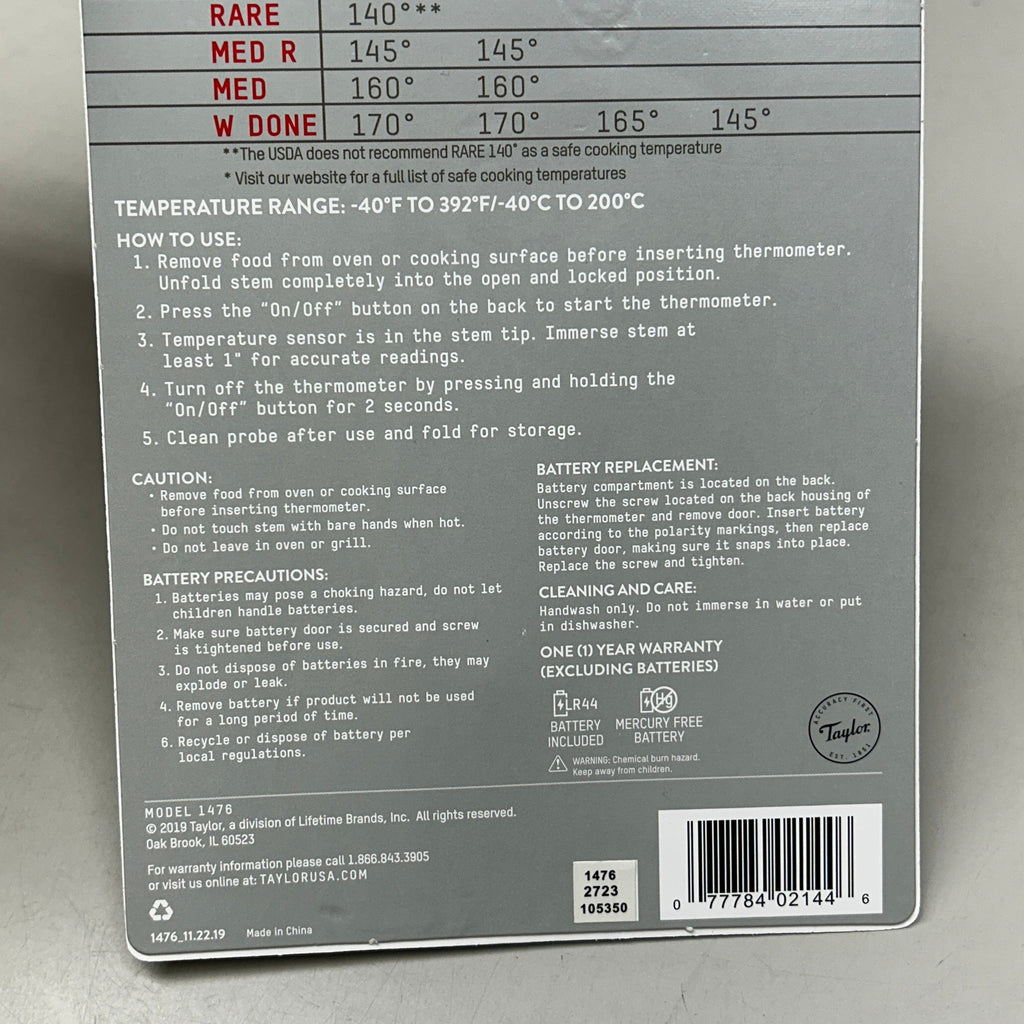 TAYLOR Compact Folding Thermometer Fahrenheit/Celsius Black (New)