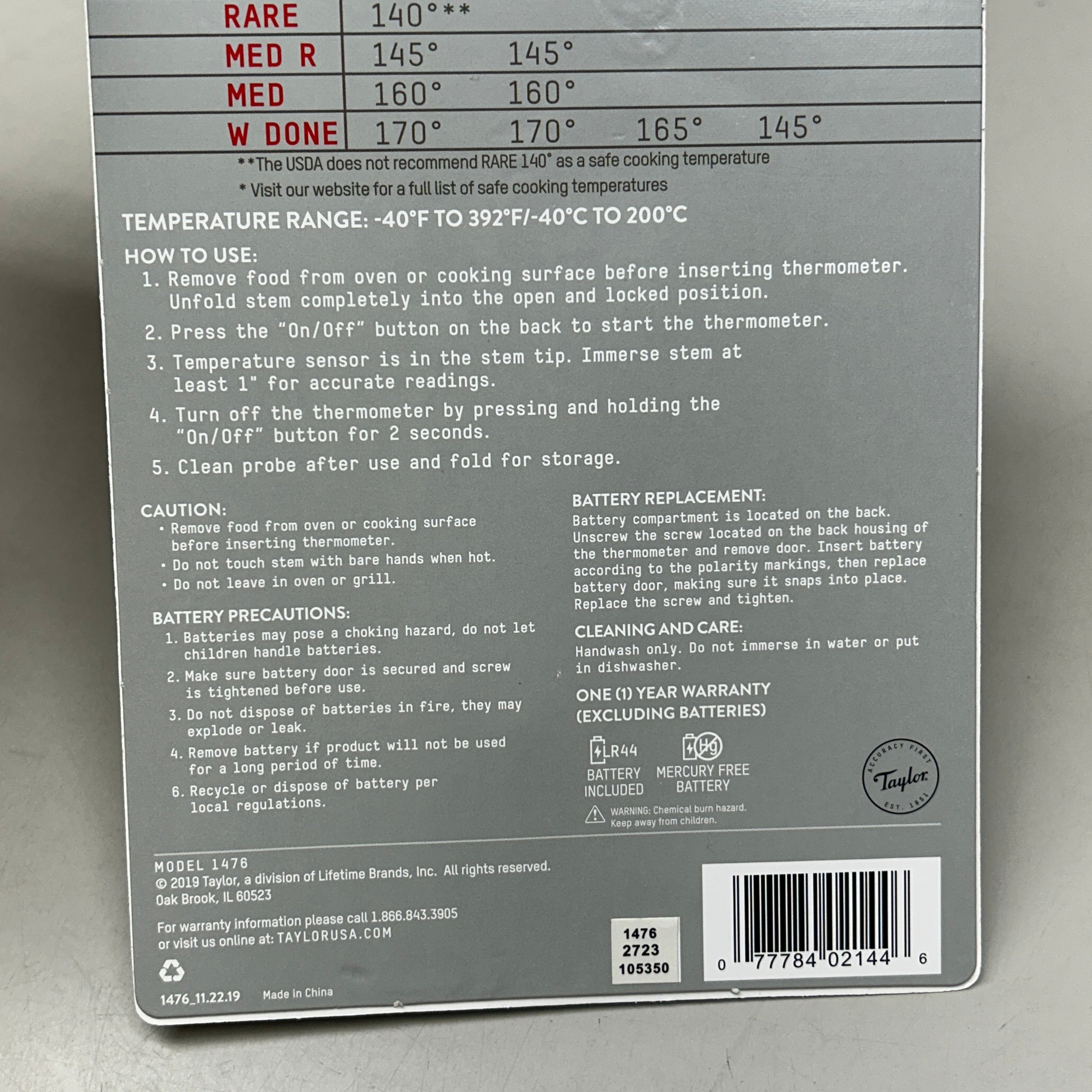 TAYLOR Compact Folding Thermometer Fahrenheit/Celsius Black (New)