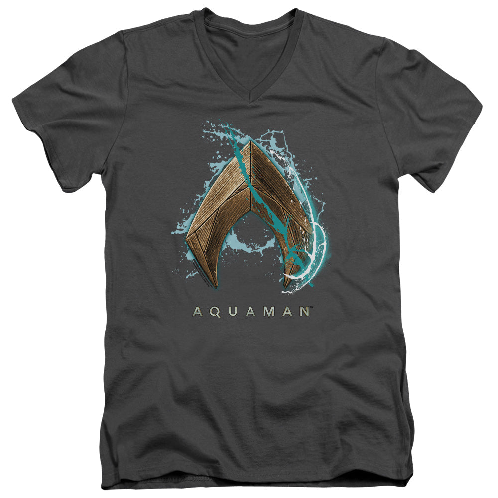 Aquaman Movie Water Shield Mens Slim Fit V-Neck T Shirt Charcoal Officially Licensed