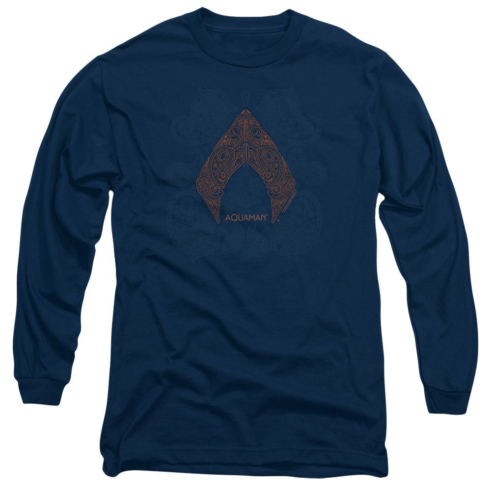 Aquaman Movie Aqua Paisley Mens Long Sleeve Shirt Navy Blue Officially Licensed