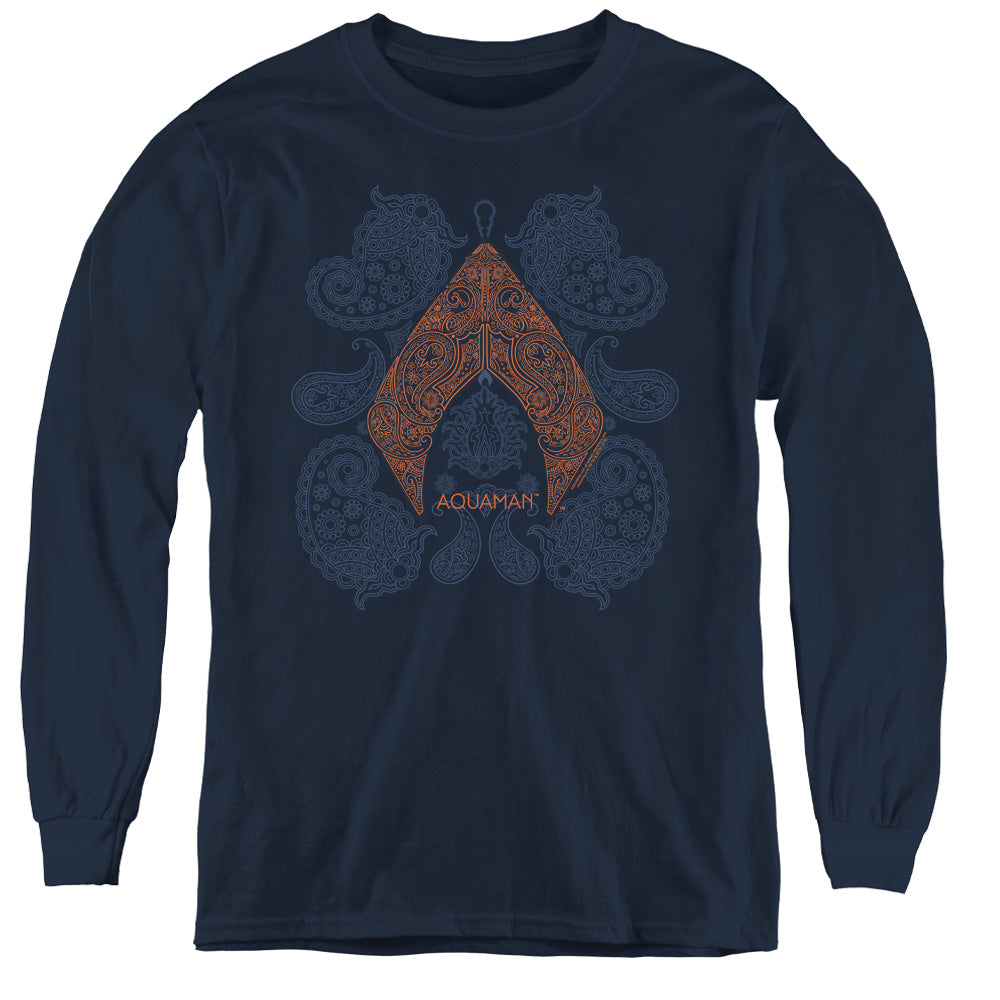 Aquaman Movie Aqua Paisley Long Sleeve Kids Youth T Shirt Navy Blue Officially Licensed