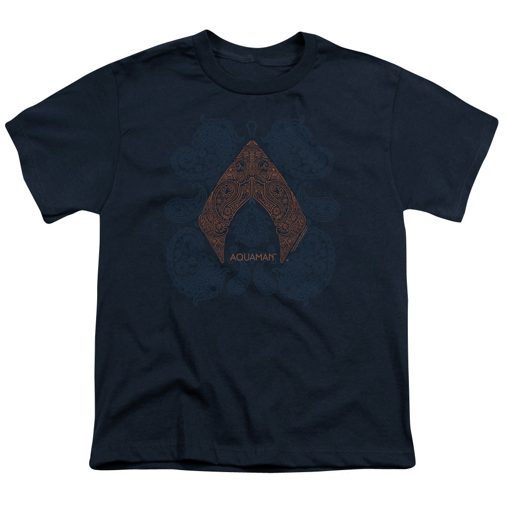 Aquaman Movie Aqua Paisley Kids Youth T Shirt Navy Blue Officially Licensed