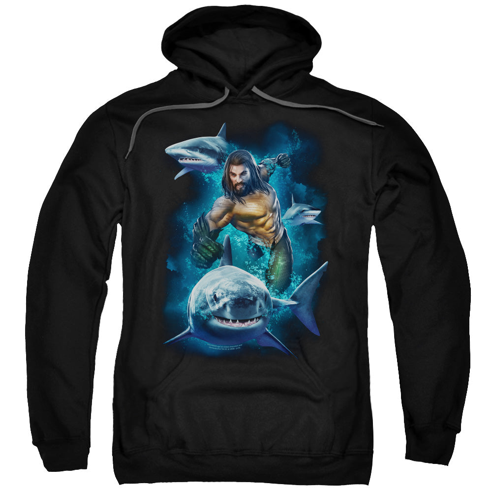 Aquaman Movie Swimming With Sharks Mens Hoodie Black Officially Licensed