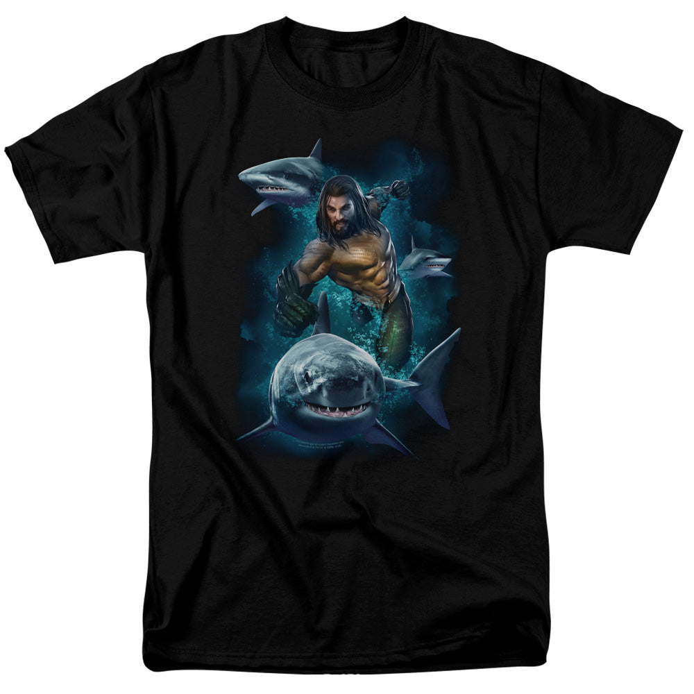 Aquaman Movie Swimming With Sharks Mens T Shirt Black Officially Licensed