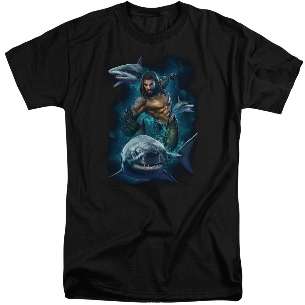 Aquaman Movie Swimming With Sharks Mens Tall T Shirt Black Officially Licensed