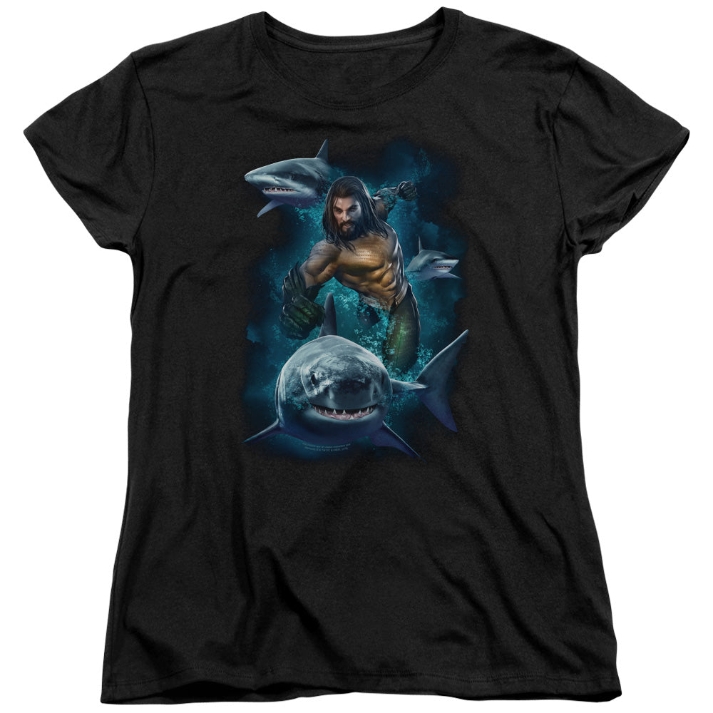 Aquaman Movie Swimming With Sharks Womens T Shirt Black Officially Licensed