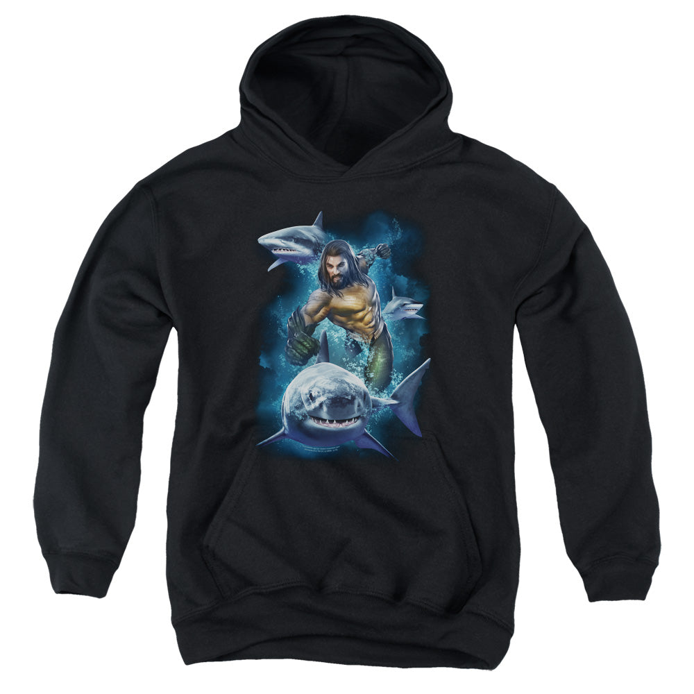 Aquaman Movie Swimming With Sharks Kids Youth Hoodie Black Officially Licensed