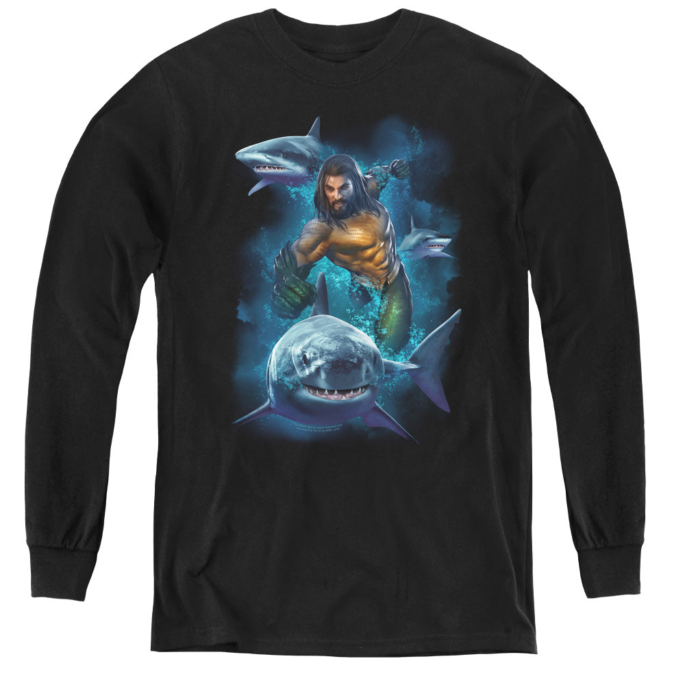 Aquaman Movie Swimming With Sharks Long Sleeve Kids Youth T Shirt Black Officially Licensed