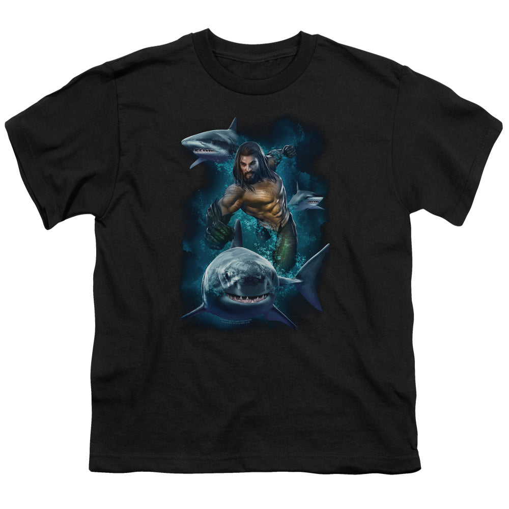 Aquaman Movie Swimming With Sharks Kids Youth T Shirt Black Officially Licensed