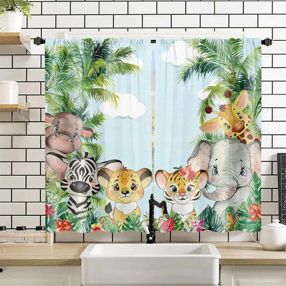 2Pcs Tropical Jungle Animal Cartoon Curtains Living Room Bedroom Window Decor or Kids Room