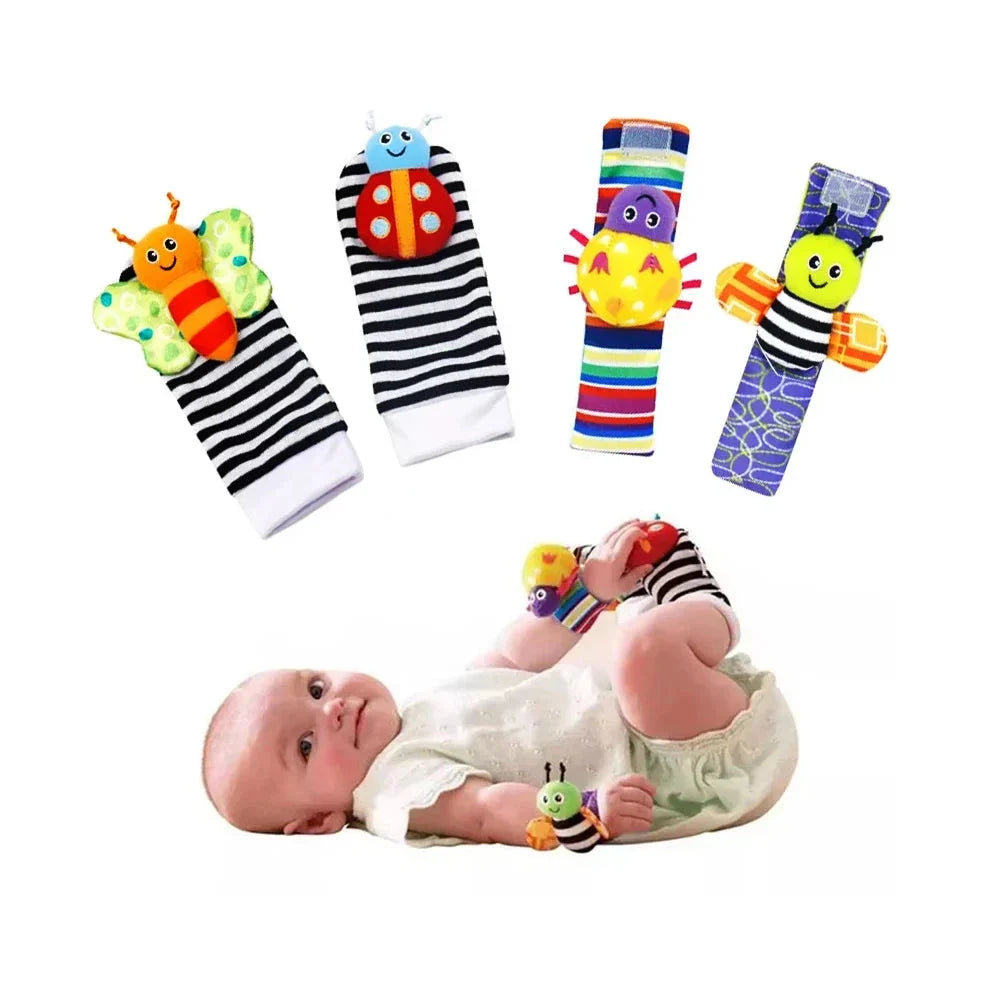 4 PCS Baby Rattle Toy Set Soft Animal Socks & Wrist Straps for Newborns 0–12 Months Educational Plush Toys