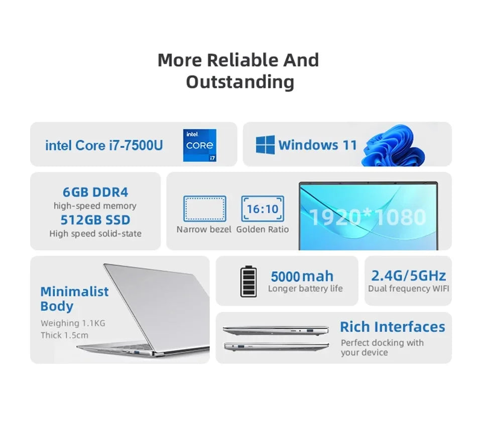Windows 11 14.1 inch Laptop Computer intel i7 7500U Intel A3950 Laptops 1080P 12GB DDR4 1TB 2TB SSD Portable i7 Laptop Notebook