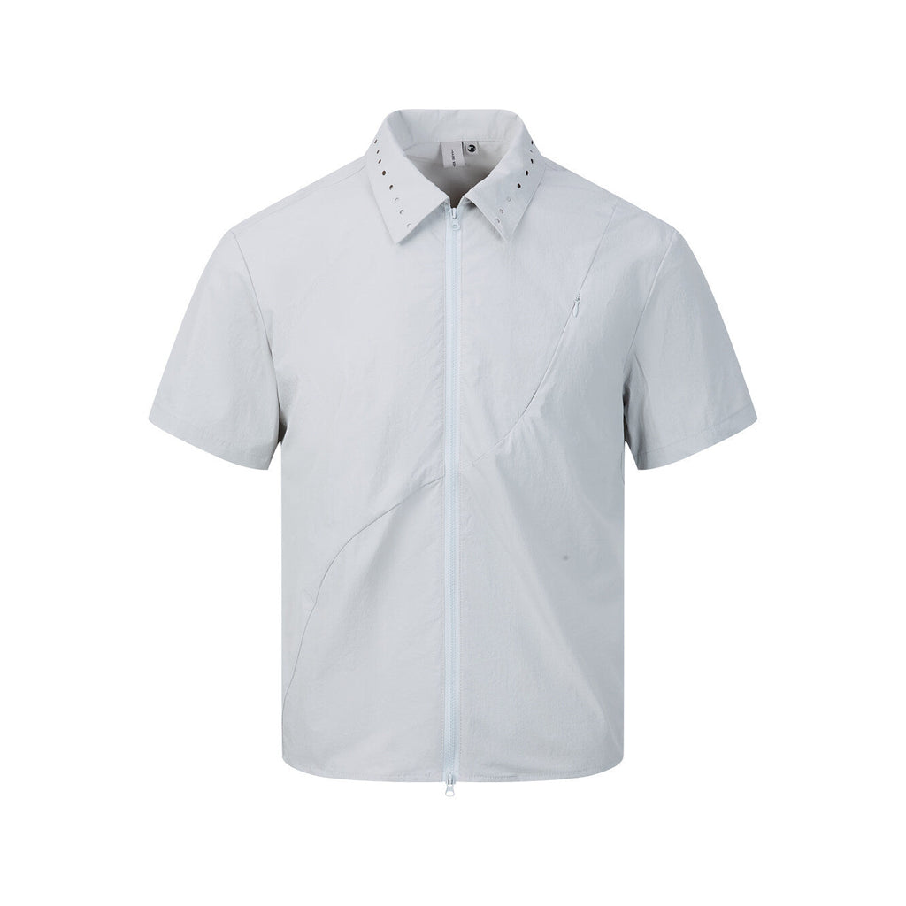 Zipper short sleeved shirt men's loose solid color shirt