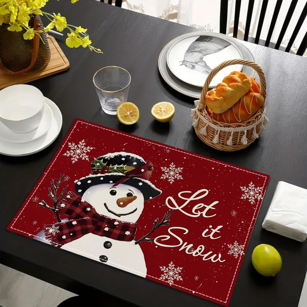 Christmas Snowman Linen Meal Mat Snowflake Grid Printed Table Mat Christmas Party Decoration Insulation Mat Holiday Decoration