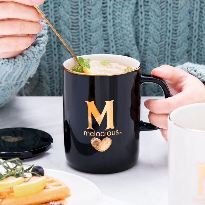 400ml Creative Gold Finger Printing Black Ceramic Coffee Mug Tea Cup With Gold Handle As Gift With Lid And Spoon