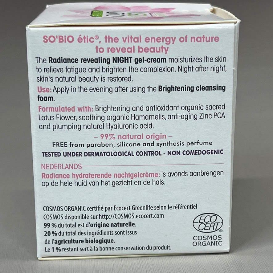 SO BIO etic Radiance Revealing Gel-Cream Night Organic Lotus Flower Hamamelis Zinc 1.69 fl oz (New)
