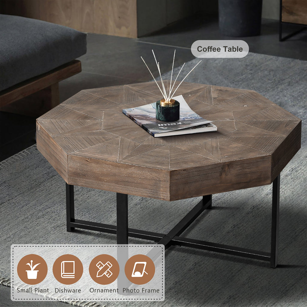 Wooden octagonal retro patchwork craft 30 inch wooden tabletop cross metal leg coffee table (antique brown)