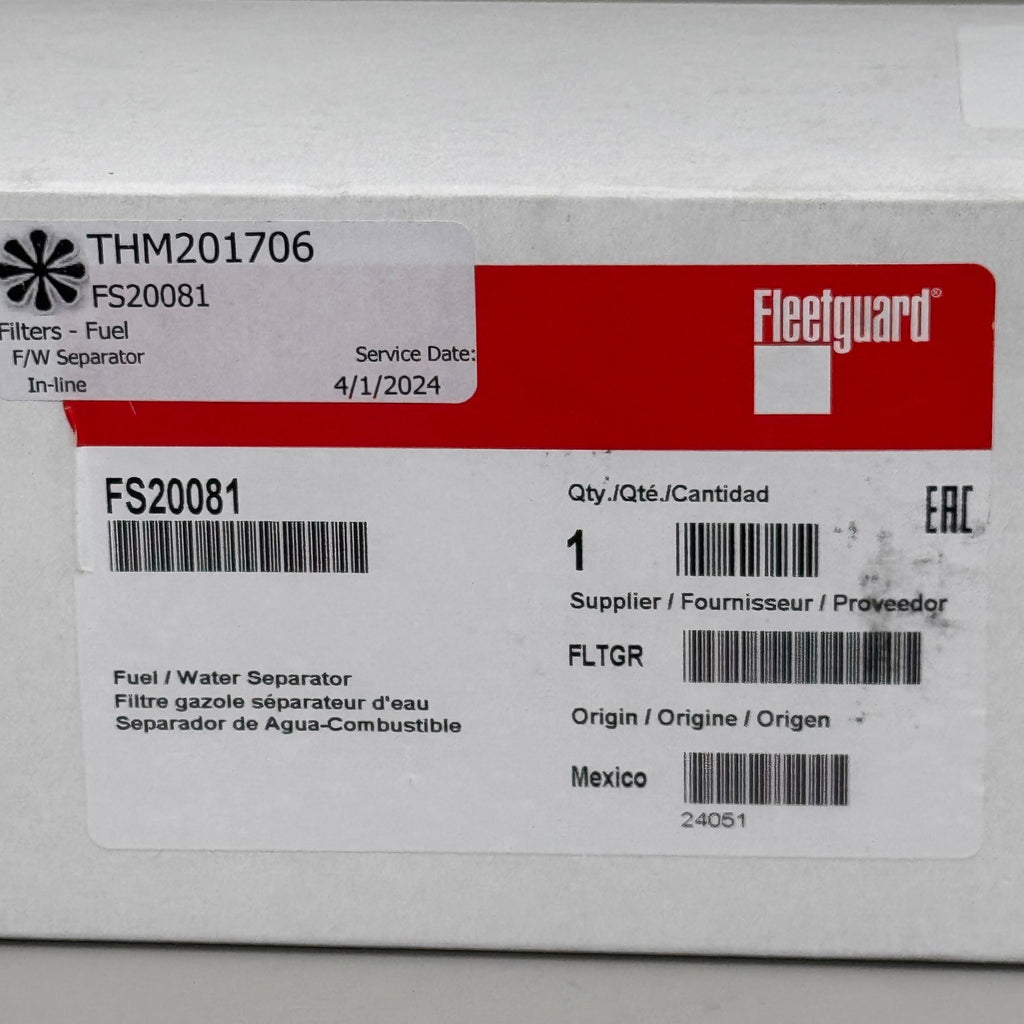 FLEETGUARD Fuel Water Separator Filter Cartridge w/ O-Rings 10 Micron FS20081