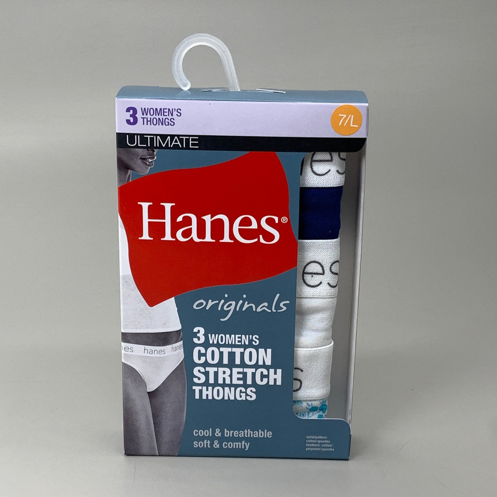 HANES 3 PACK!! Originals Women's Breathable Cotton Stretch Thongs Underwear Sz 7/L Navy/White/Floral 45U0BT