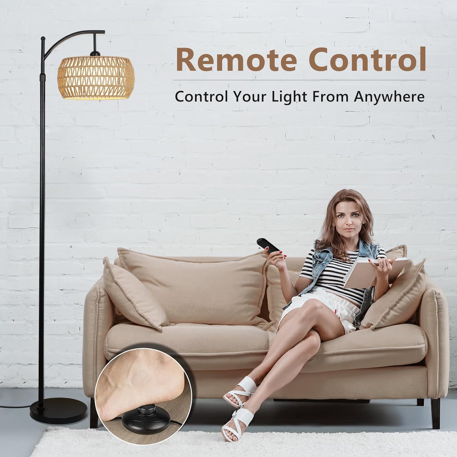 Arc Floor Lamp with Remote Control, Dimmable LED Floor Lamp with 3 Color Temperature Boho Farmhouse Tall Pole Lamp