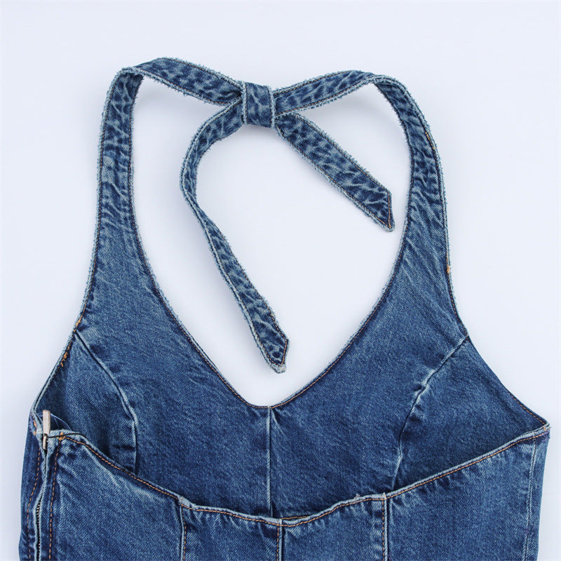 Fashionable and Sexy Halter Denim Jumpsuit for Women Style