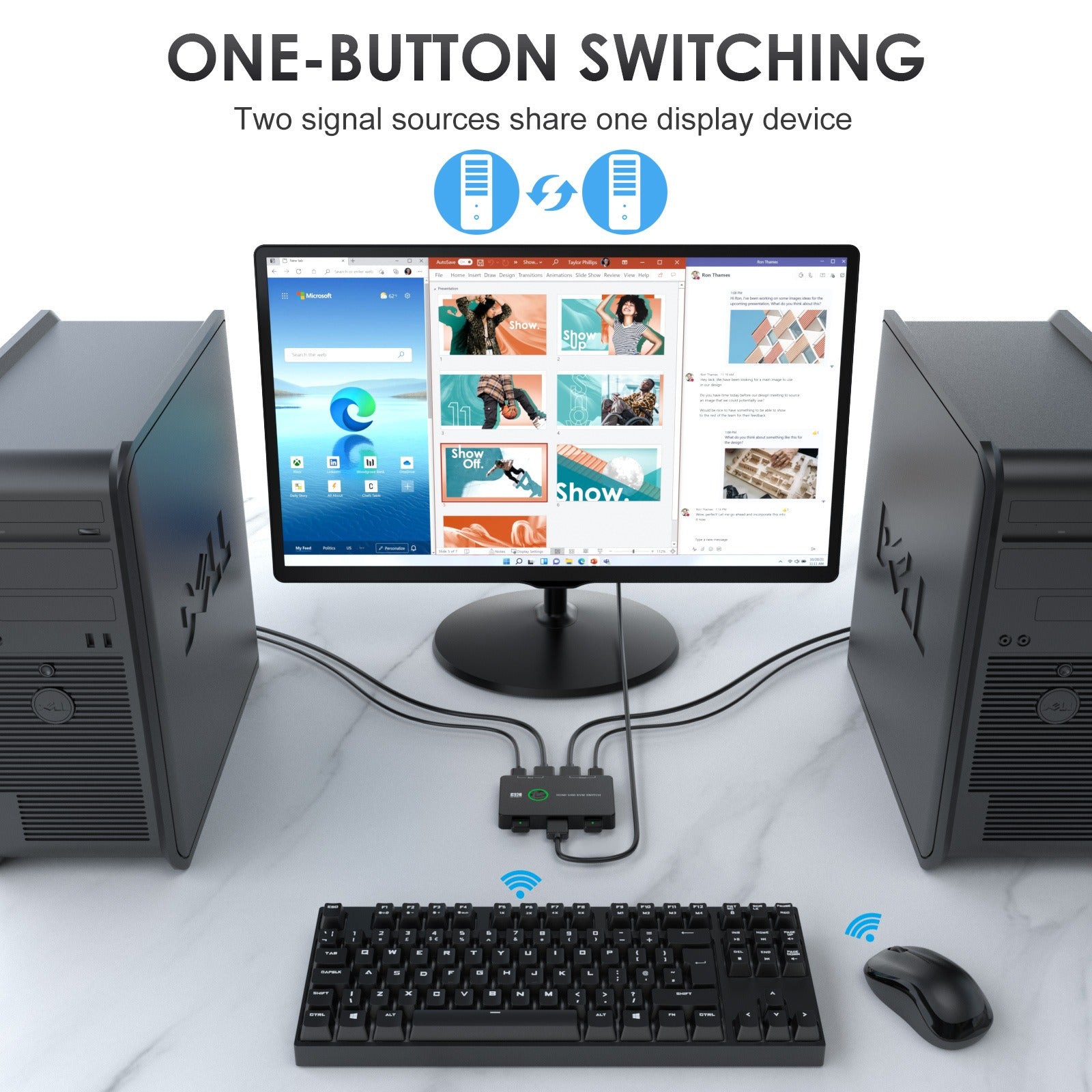 USB/HDMI/KVM switch for 2 computers to share keyboard, mouse, printer, high-definition display