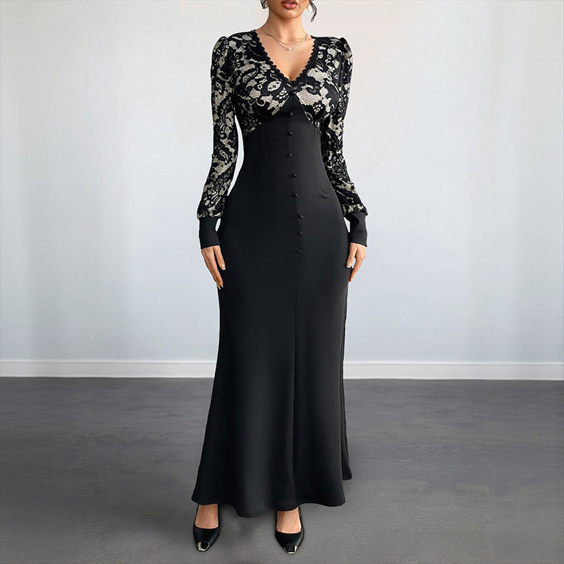 Sexy Retro Lace Splicing Long Sleeve V-neck Dress for Evening and Date