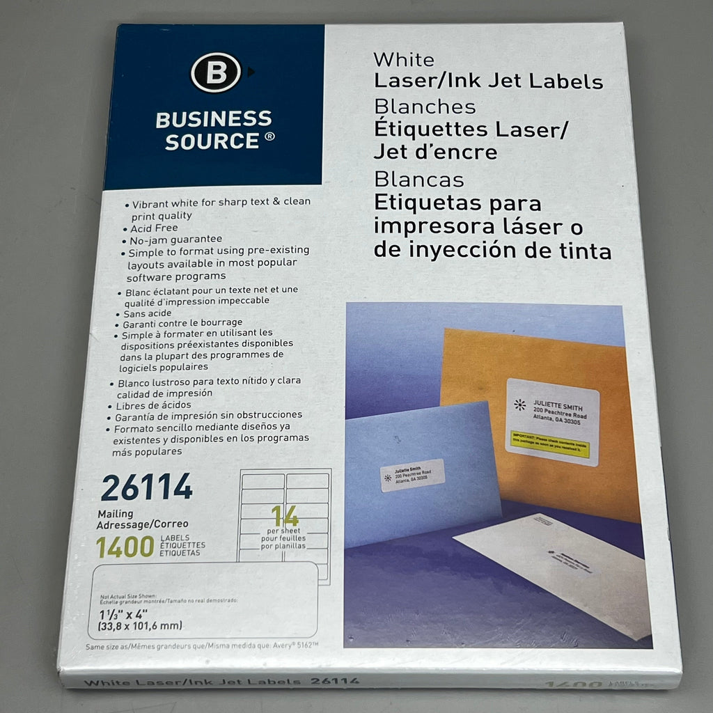 BUSINESS SOURCE (1400 Labels) Laser Ink Jet Mailing Labels 1-1/3"x 4 White 26114