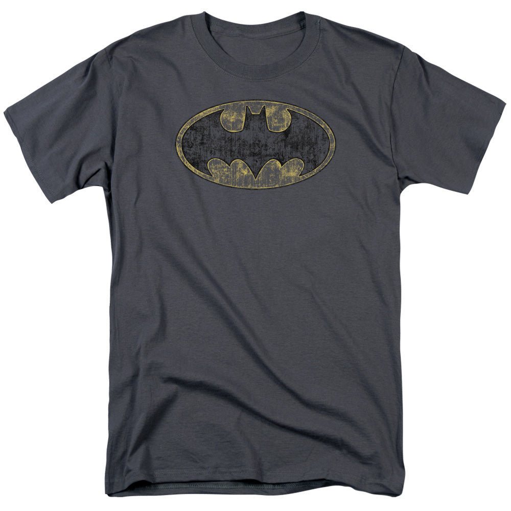 Batman Tattered Logo Mens T Shirt Charcoal Officially Licensed