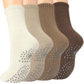 Toes Home Pilates Socks for Women with Non Slip Grippers, Yoga Crew Socks for Barre Hospital Sticky Slipper Socks 4 Pairs 6-10 Tan