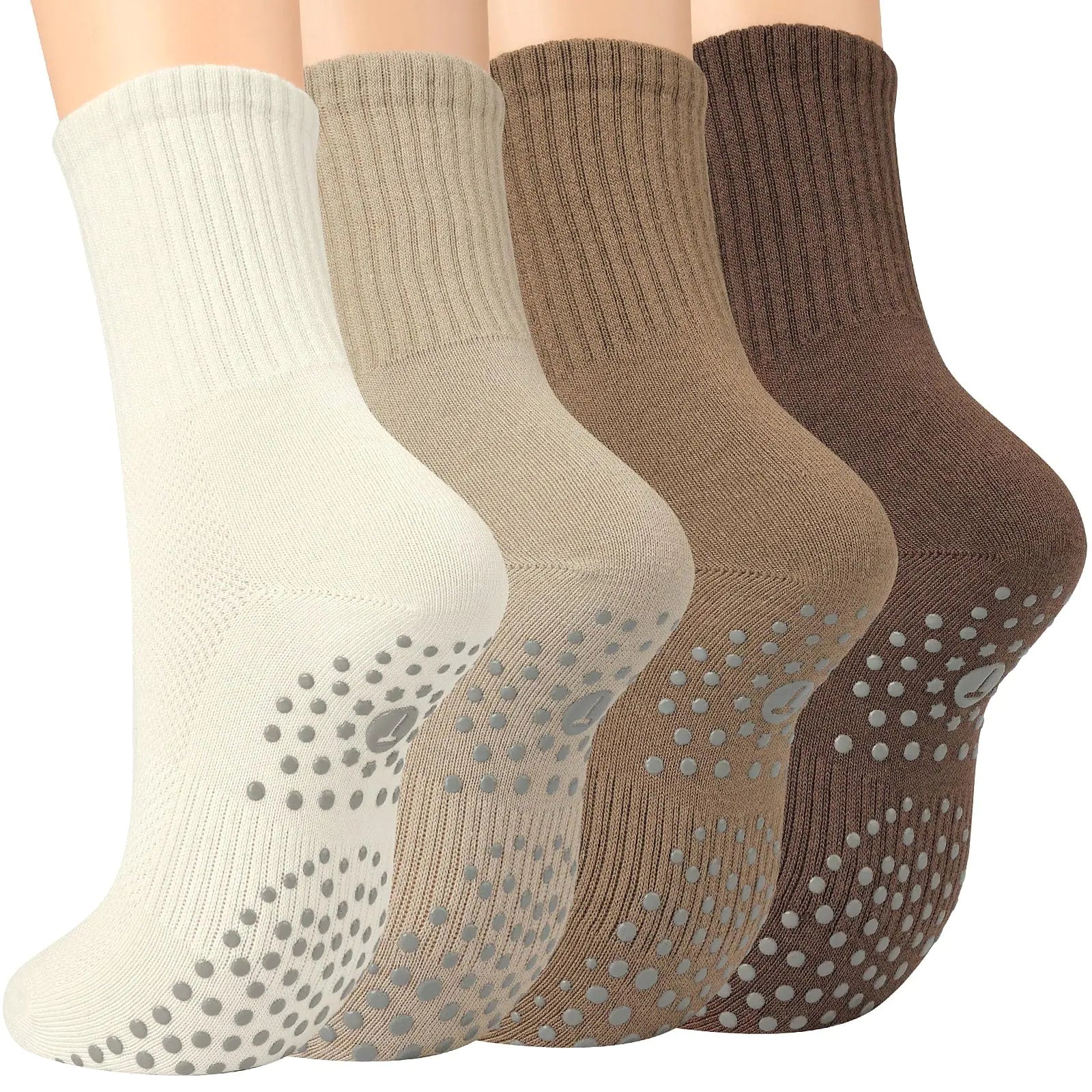 Toes Home Pilates Socks for Women with Non Slip Grippers, Yoga Crew Socks for Barre Hospital Sticky Slipper Socks 4 Pairs 6-10 Tan