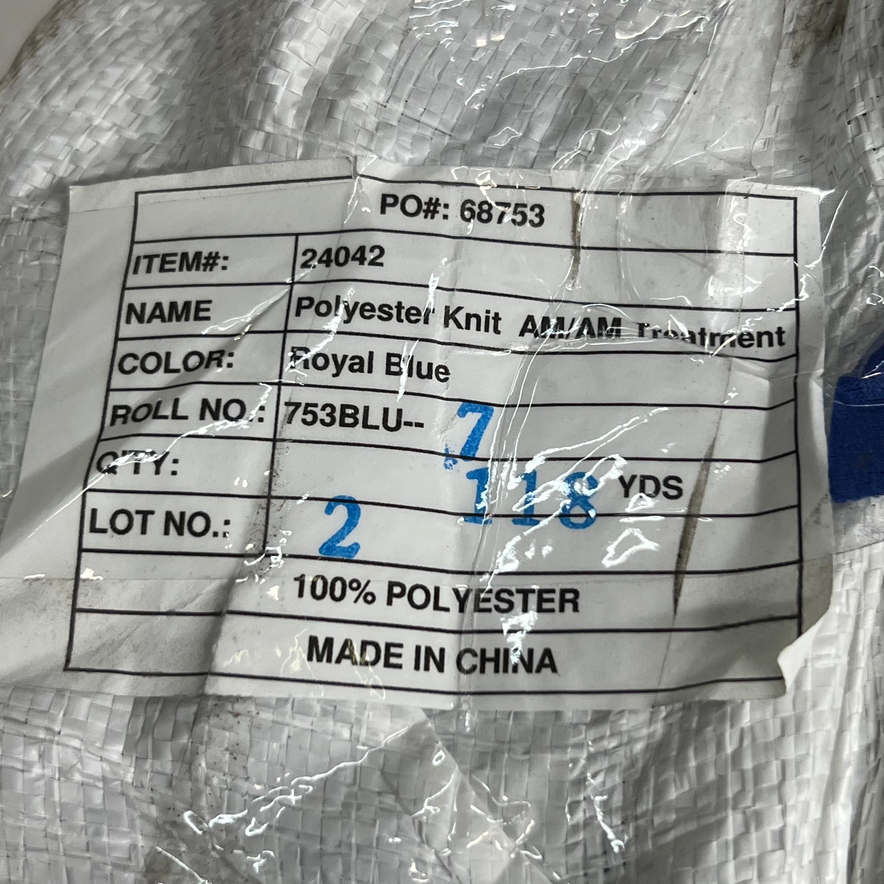 Polyester Knit AM/AM Treatment 60" W x 118 yards L Royal Blue (NEW)