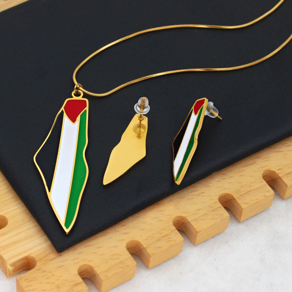 Oil-Drip Palestine Map Titanium Steel 18K Pendant Necklace Fashion Personalized Earring Set