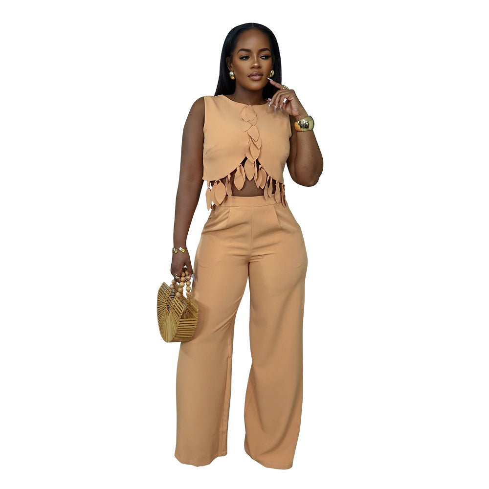 Round Neck Casual Sleeveless Sexy Top with Slim Long Pants Two-Piece Women's Set