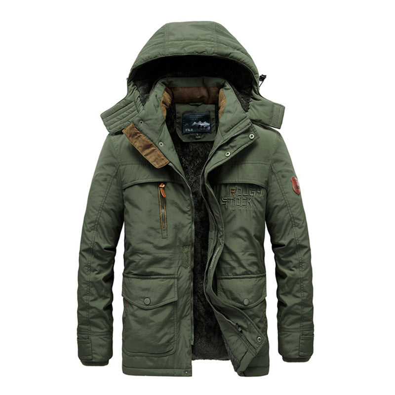 Winter men's thick cotton jacket with added fleece medium to long length warm plus large size multi pocket cotton jacket