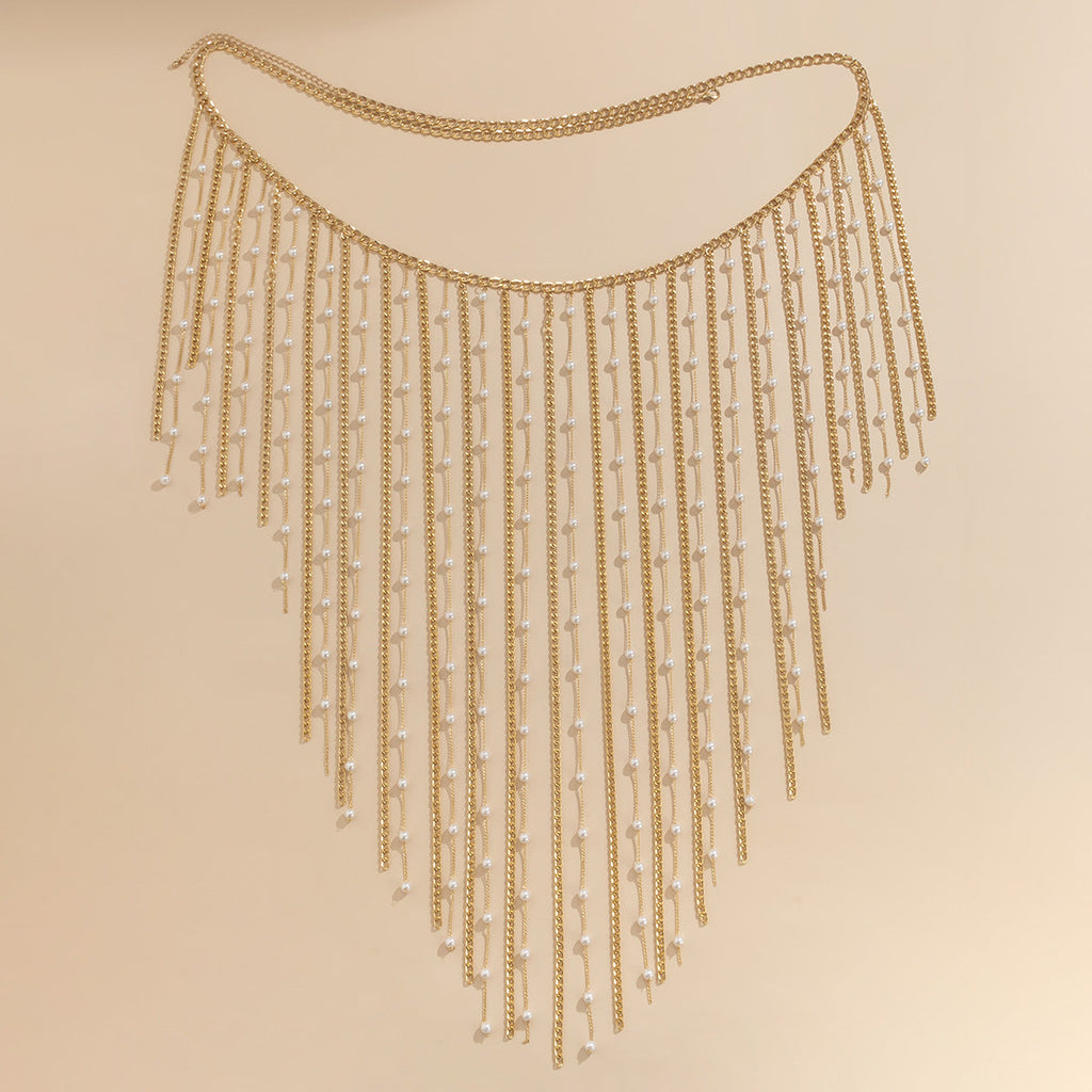 Fashionable electroplated metal aluminum chain geometric set clothing with simple tassel imitation pearl waist chain