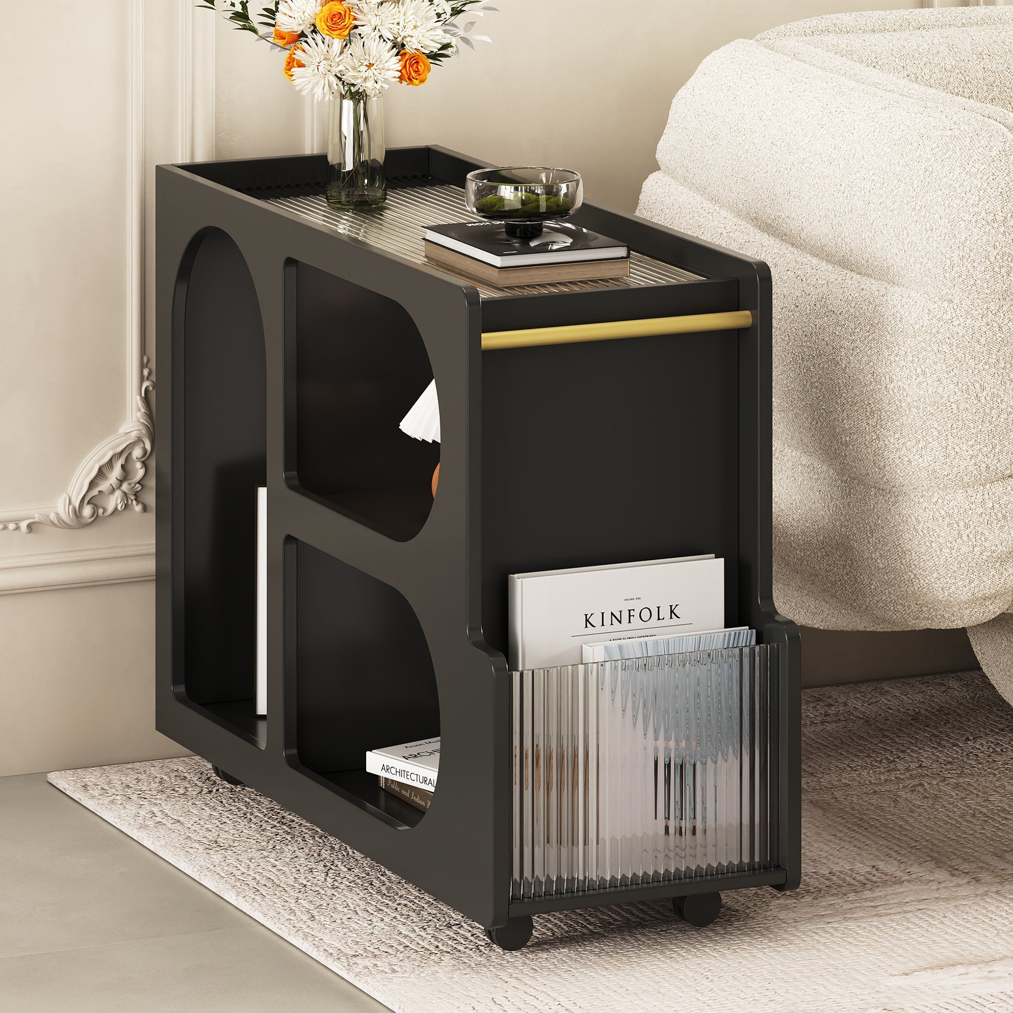 Stylish mobile desk with lockable wheels,bedside table with 5mm thick grooved tempered glass and gold round bars ，black
