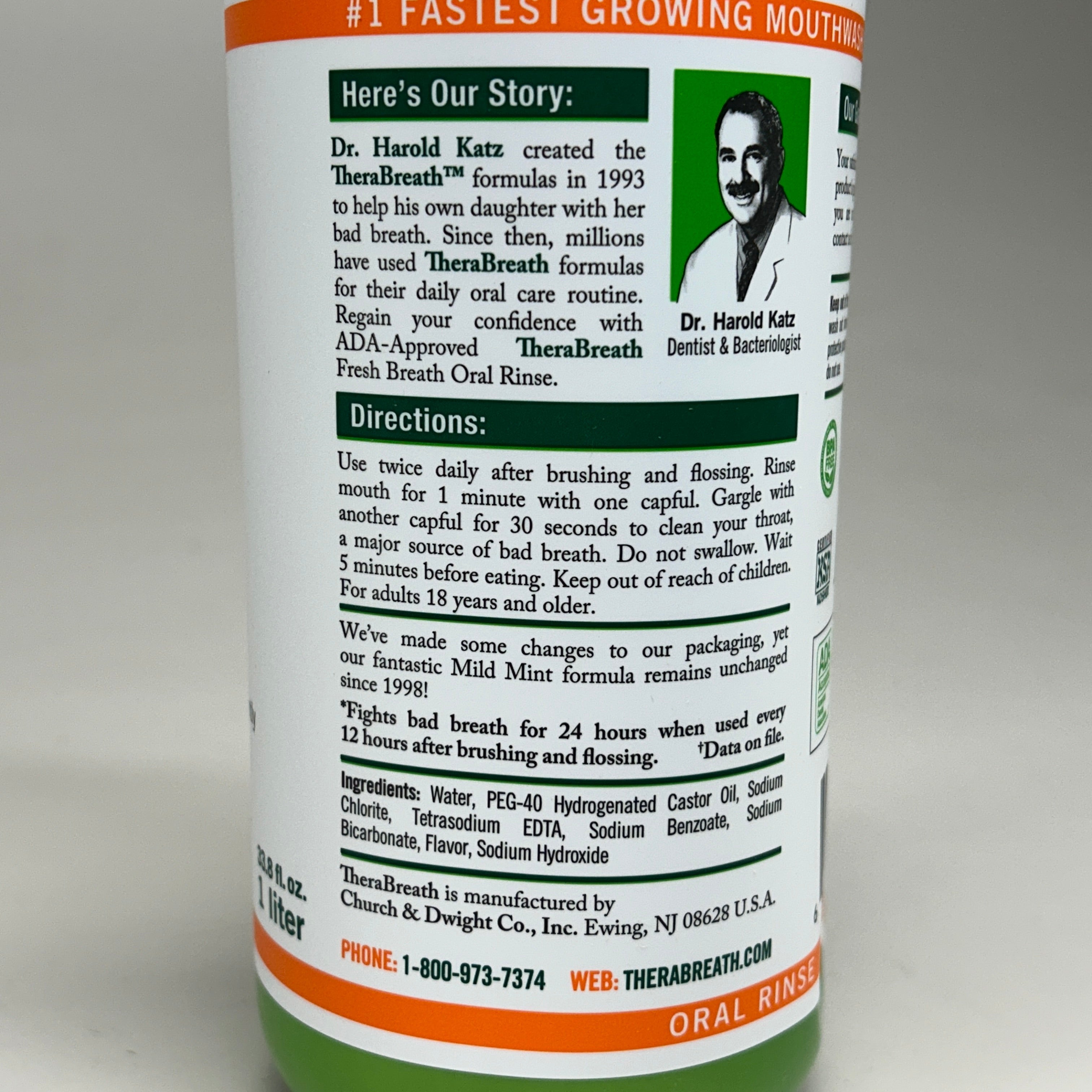 THERABREATH (2 PACK) Dentist Formulated Fresh Breath Oral Rinse 1 Liter each (07/26) Mild Mint