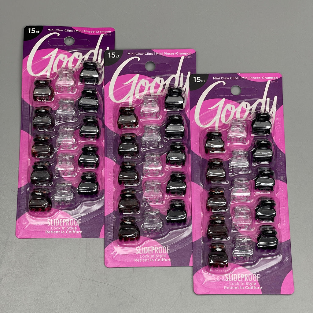 GOODY 3 Sets of 15! Mini Claw Hair Clips 45 CT Black/Brown/Clear 3000136 (New)