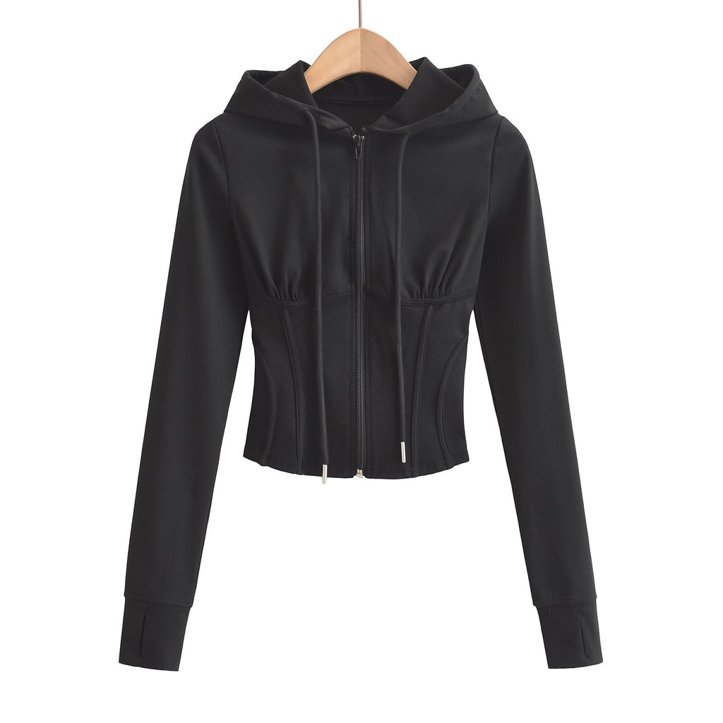 Slim fit drawstring hooded zipper top