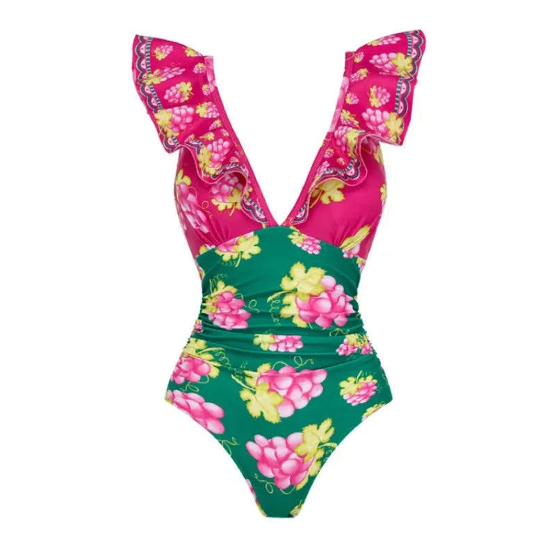 Long sleeved V-neck printed one piece swimsuit for women