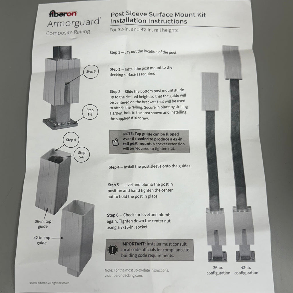 FIBERON Easy Install Post Sleeve Surface Mount Kit 37"x3.5" Silver 10131