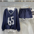 Autumn New Fashion Women's Set V-neck Digital Pattern Embroidered Hoodie Elastic Waist Lace Edge Shorts