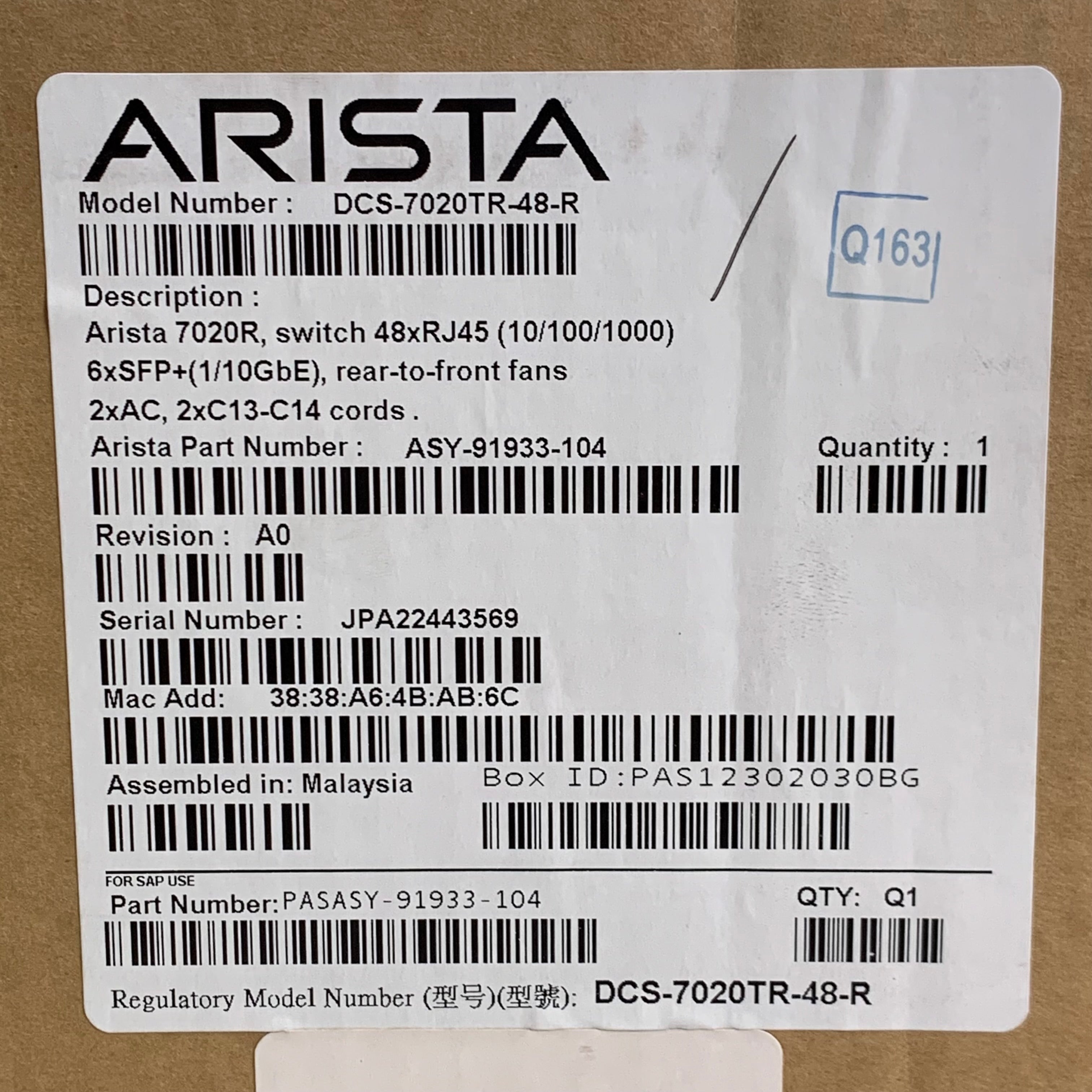 ARISTA Network Switch Back-to-Front Airflow 48-Port 1GE & 6-10GE SFP+ Uplinks (New)